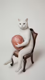 a cat sitting on top of a chair holding a soccer ball