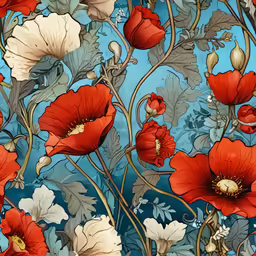 a background of flowers with leaves and blue