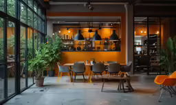 a room that has several tables and chairs around it