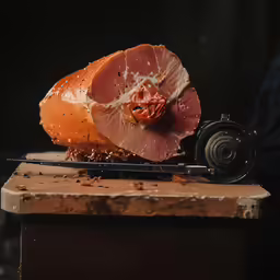 a raw ham being sliced into pieces with a knife and cutter