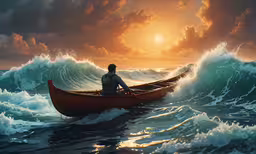a man rowing a boat with a view of a sunset,a man sitting in a small boat on a body of water