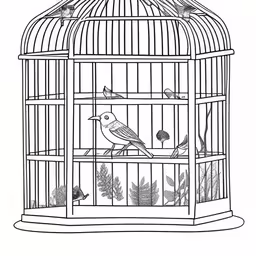 a bird sitting on top of a cage filled with plants,bird inside the cage of an insect life drawing