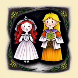 an image of two children in white dresses,an illustration of two dolls wearing costume, one with a princess