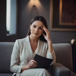 a woman in a white suit sits in a chair