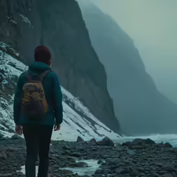 the man is looking at the water while the mountains are covered in snow