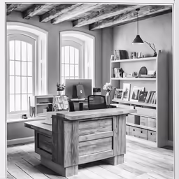 an office with a desk and shelves in it