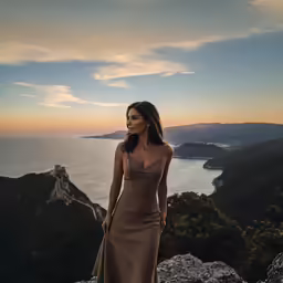 a beautiful woman wearing a long dress standing on top of a cliff