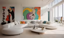 a large white couch with many pillows in a room