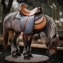 a brown and black horse with a saddle on it