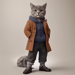 a small cat is standing up in some clothes