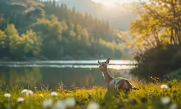 a deer standing in the grass next to a lake