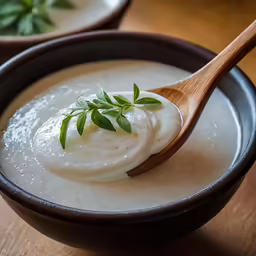a spoon with a small cup of white food