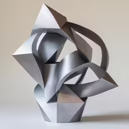 some silver metal sculptures are stacked together