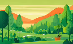 a painting of mountains that are in a green forest,a scenic landscape featuring green hills and trees