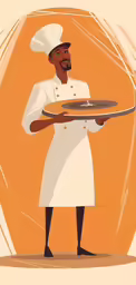 a cook holding a plate of pizza on top of a table