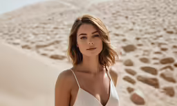 a woman in white dress standing on sand