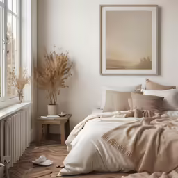a white room has a painting on the wall