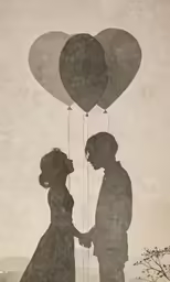 a silhouette of two people standing near one another holding onto heart shaped balloons