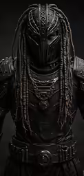 a man with dreadlocks is wearing a black costume