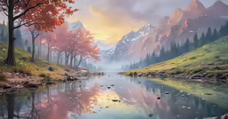 a painting of some mountains and water surrounded by trees