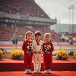 three kids posing for the camera at a horse racing event