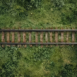 a train track running through a lush green forest
