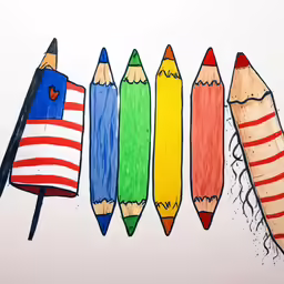 five pencils painted on a white paper lined up and a flag next to them