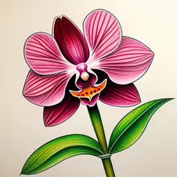 a pink flower with green leaves on the stem,a pink orchid with green leaves drawn on white paper