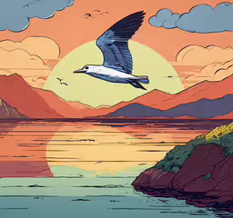 the bird is flying over the water at sunset,a seagull soaring over the water and a mountain
