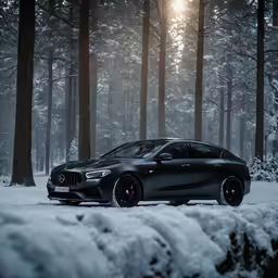a car is parked in the snow in front of some trees
