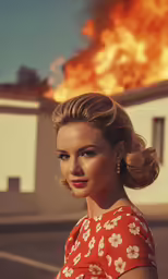 woman in red dress standing outside in front of large fire