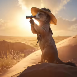 a brown dog wearing a cowboy hat while holding a camera