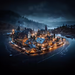 a town at night with its lights on and the streets lit up