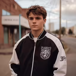 a boy poses for a photo in the street