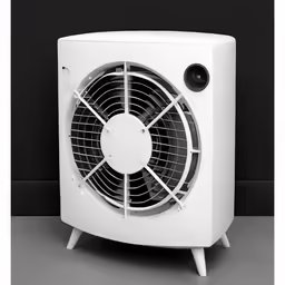 a small white fan sitting on top of a wooden table