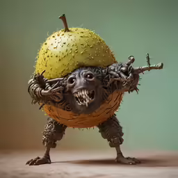 a small monster with a helmet made out of fruit