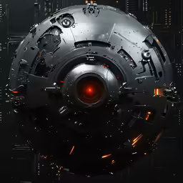 a futuristic space station with red and yellow lights in the center