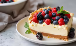 a piece of dessert with fresh berries and whip cream