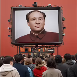 large screen with photo of mao on red wall at event