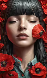 an artistic photo of a woman with red flowers around her