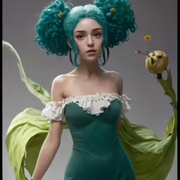 a pretty young woman with green hair holding a flower