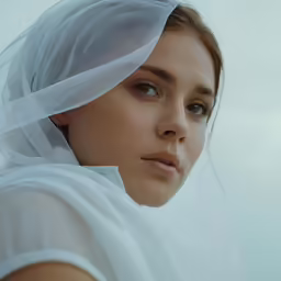 a model with veil over her head looks at the camera
