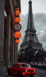 the car is parked in front of the tower