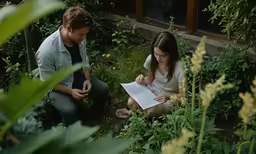 a man and woman sit on the ground in their garden