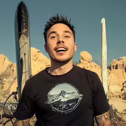 a man holding up a snowboard and wearing a shirt
