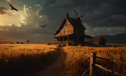 a barn in the middle of the country,the dark clouds are gathering above a large farm house with windmill