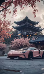 the pink car is parked in front of the building