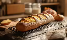 bread with several slices and some other food item on the side