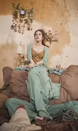 woman dressed in green posing for a picture on the couch