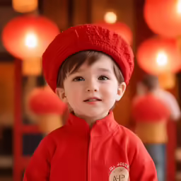 a child in a red coat and cap, poses for the camera